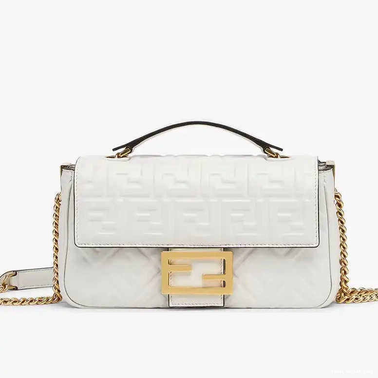 Affordable Fendi Bag White In Midi Baguette Nappa FF Leather Motif Chain 0525